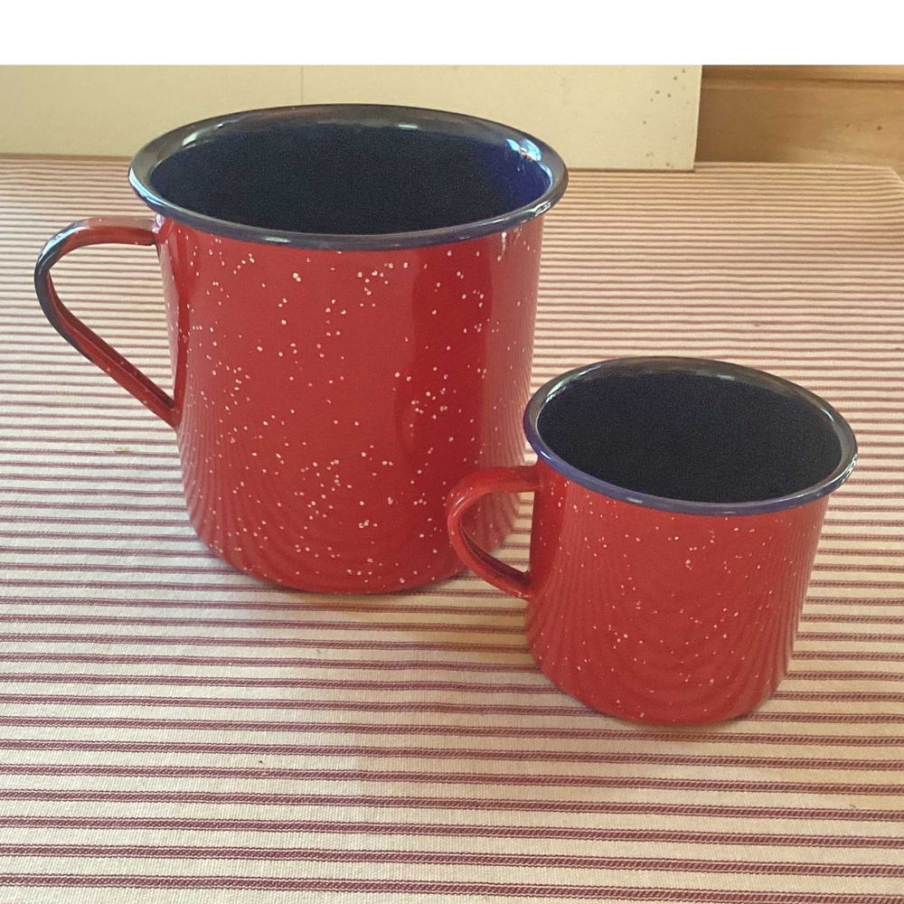 Enamelware 2 Cups Red Speckle w Blue